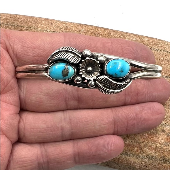 Signed Navajo Sterling Silver Turquoise Squash Blossom Cuff Bracelet 6.75" - Picture 3 of 6